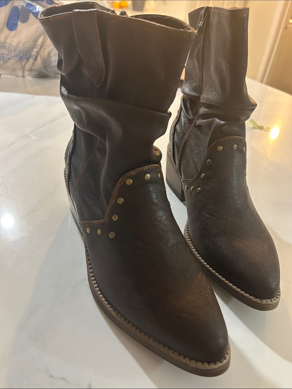 rebels Brown Slouchy Ankle Booties with Stud Detail
